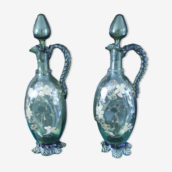 2 carafes aiguières en verre émaillé - style art nouveau époque XXème