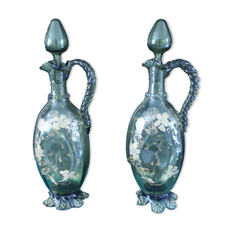 2 carafes aiguières en verre émaillé - style art nouveau époque XXème