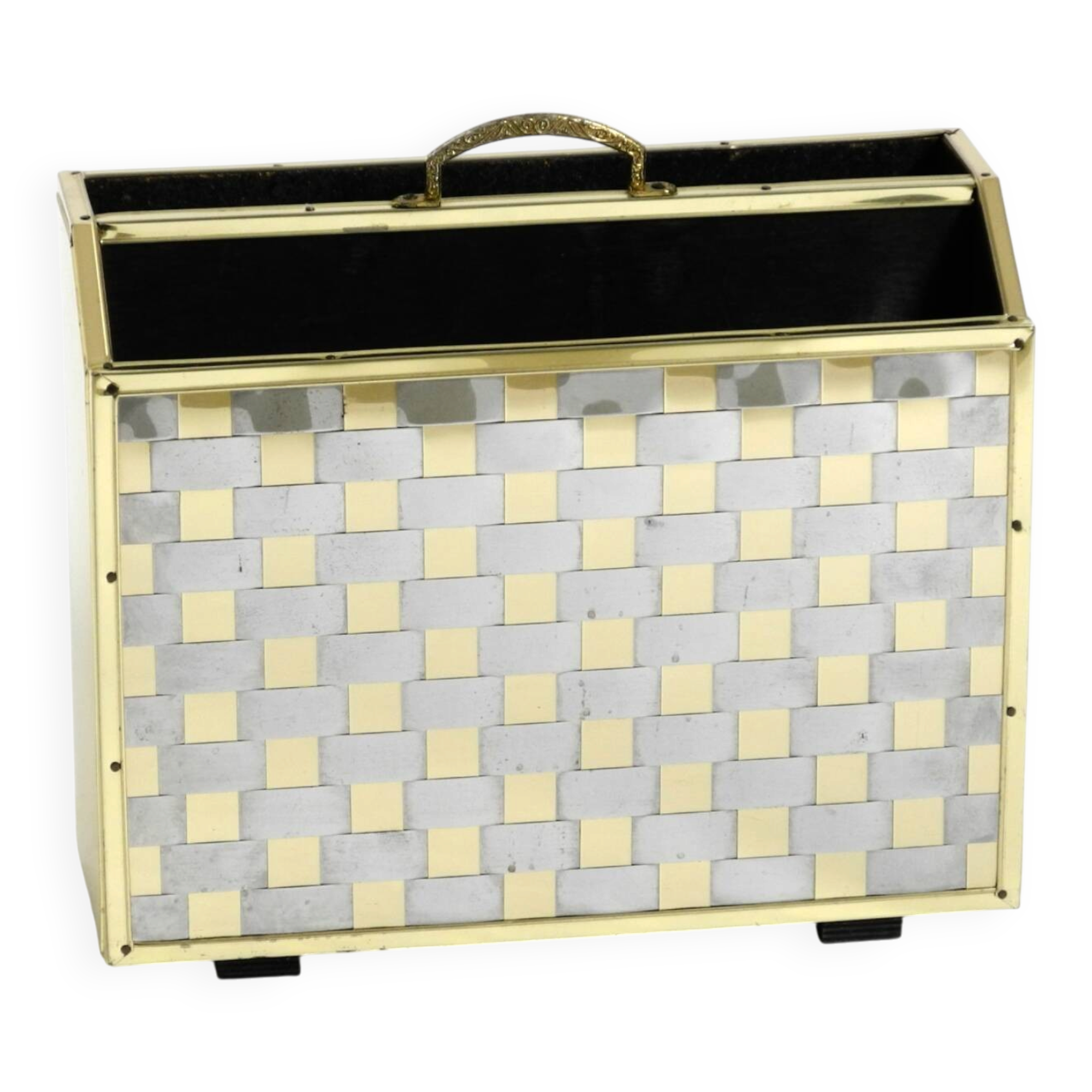 1980s newspaper rack made of brass and wood in Hollywood Regecy design