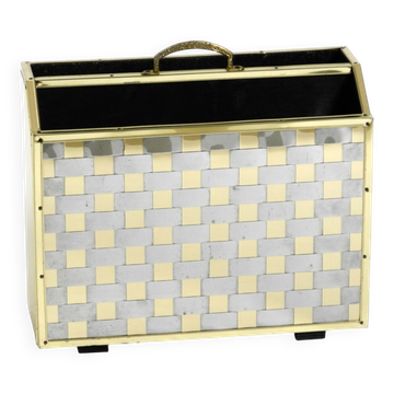 1980s newspaper rack made of brass and wood in Hollywood Regecy design