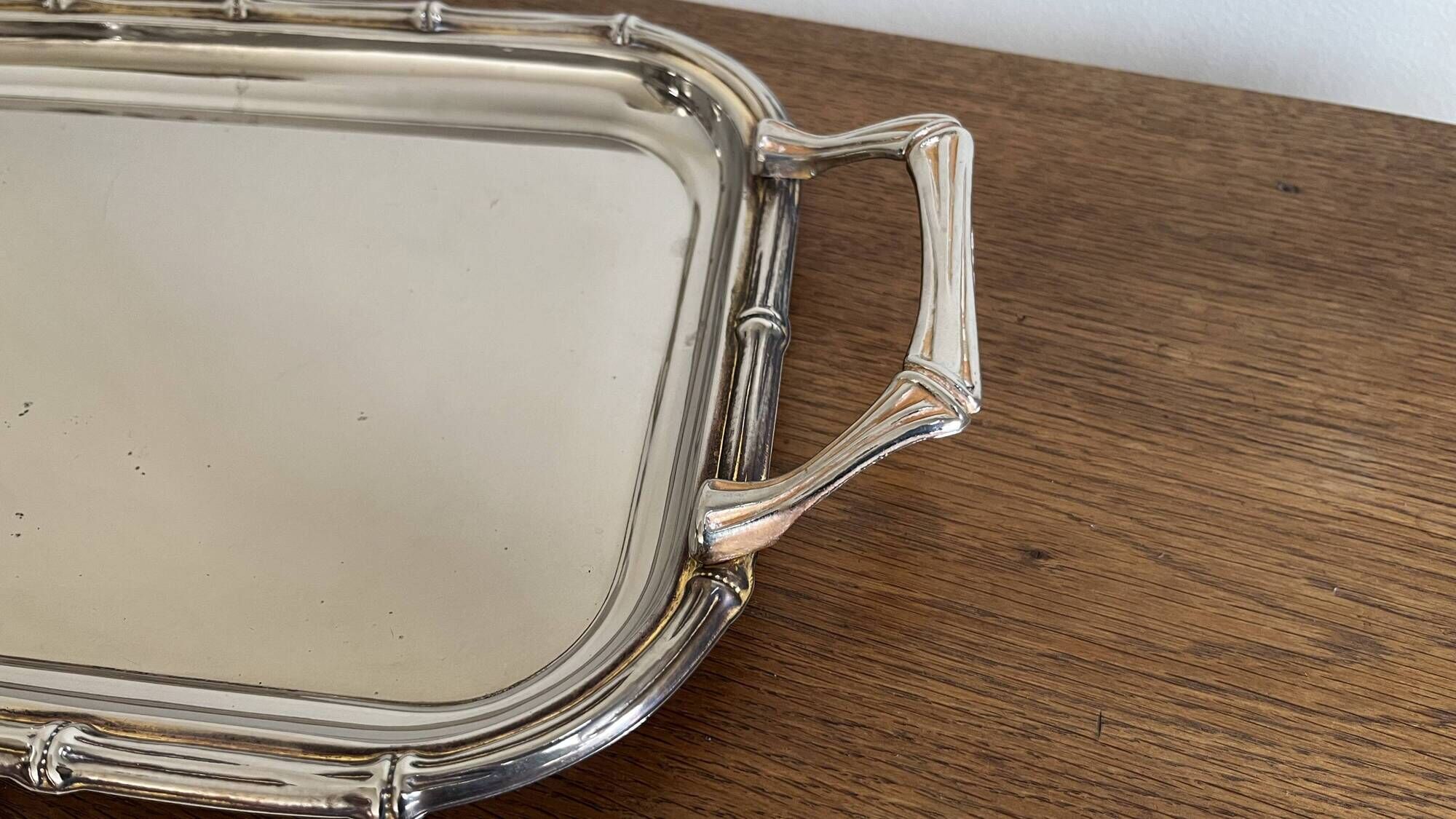 Silver-plated faux bamboo tray USA 1970 Hollywood Regency