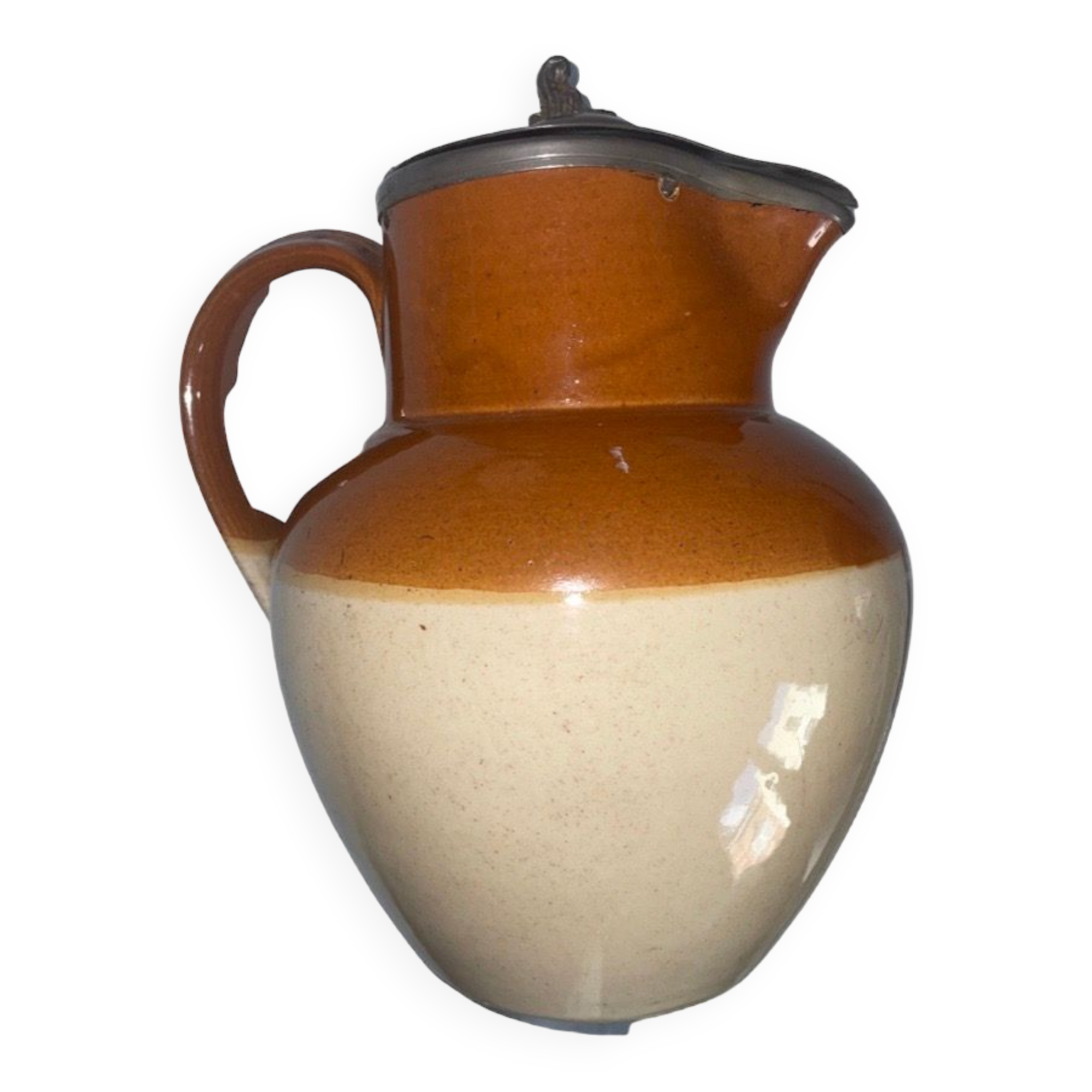 Old brown and beige Langley Mill 19th century pitcher with its pewter lid