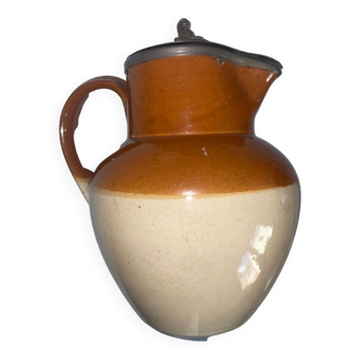 Old brown and beige Langley Mill 19th century pitcher with its pewter lid