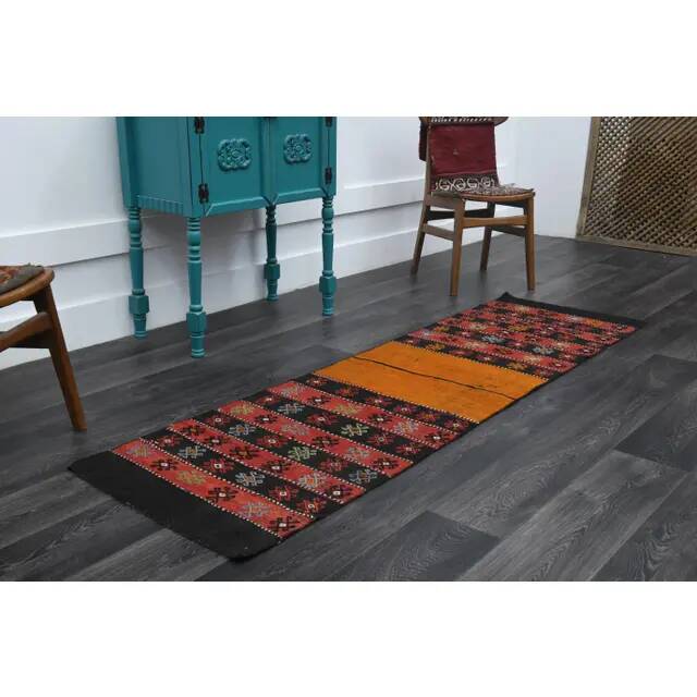 1970s Turkish Oushak Handmade Wool Cotton Red Runner Rug 65x229