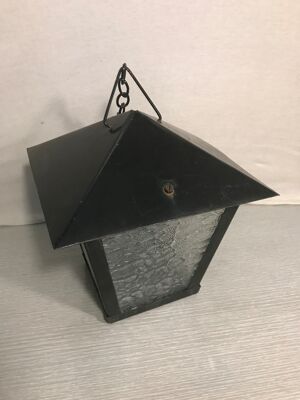 Suspension ancienne lanterne métal noir verre opaque vintage