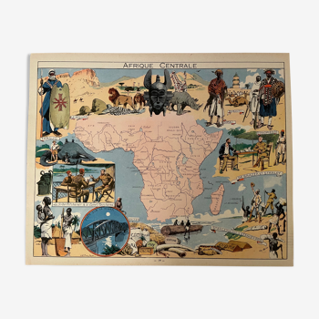 Affiche ancienne carte illustrée de l'Afrique centrale de 1948 - JP Pinchon