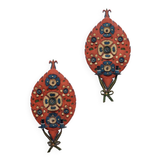 Pair of folk art sheet metal wall lamps, 1950s.