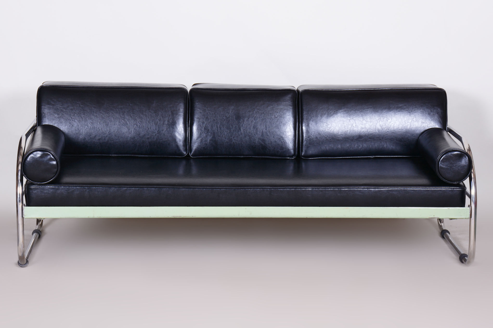 Restored black bauhaus sofa, robert slezak, high-quality leather, chrome-plated steel, 1930s
