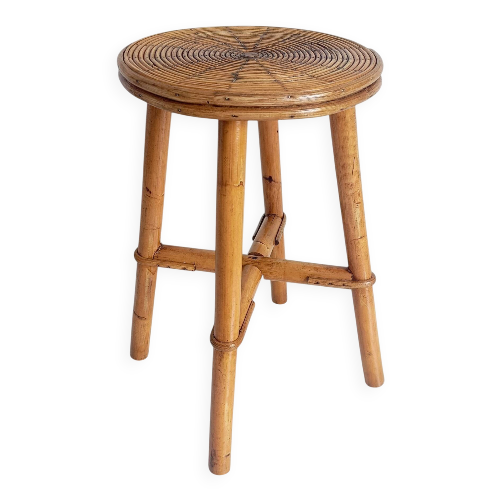 Vintage Rattan and Bamboo Accent Side Table / Stool, Spain, 1970s