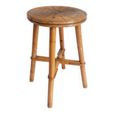 Table d'appoint / tabouret en rotin et bambou vintage, Espagne, années 1970