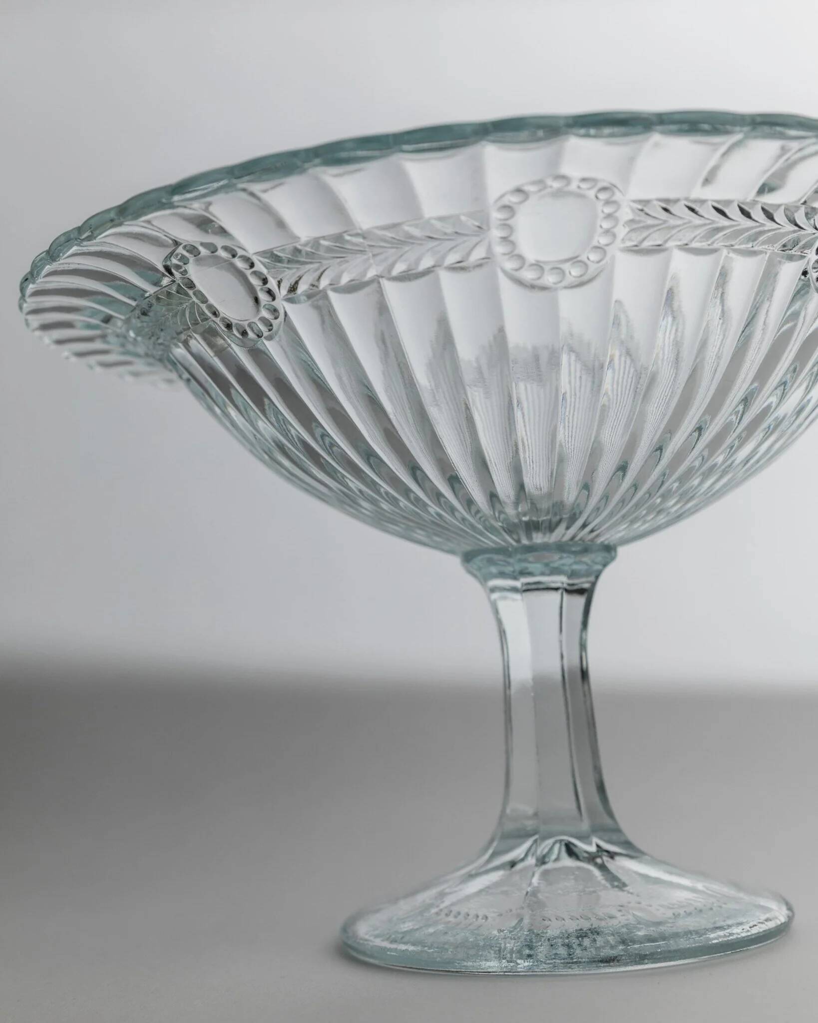 Blue pressed glass compote with pale aqua tint, 1910s Olivia Zabkowice Poland pedestal centerpiece