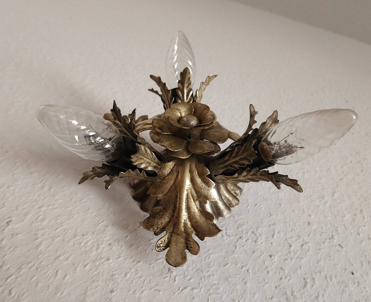 Vintage Florentine floral hand-forged silver-plated 3-light flush mount from Banci Firenze, Italy, Florence 1960s, set of 5