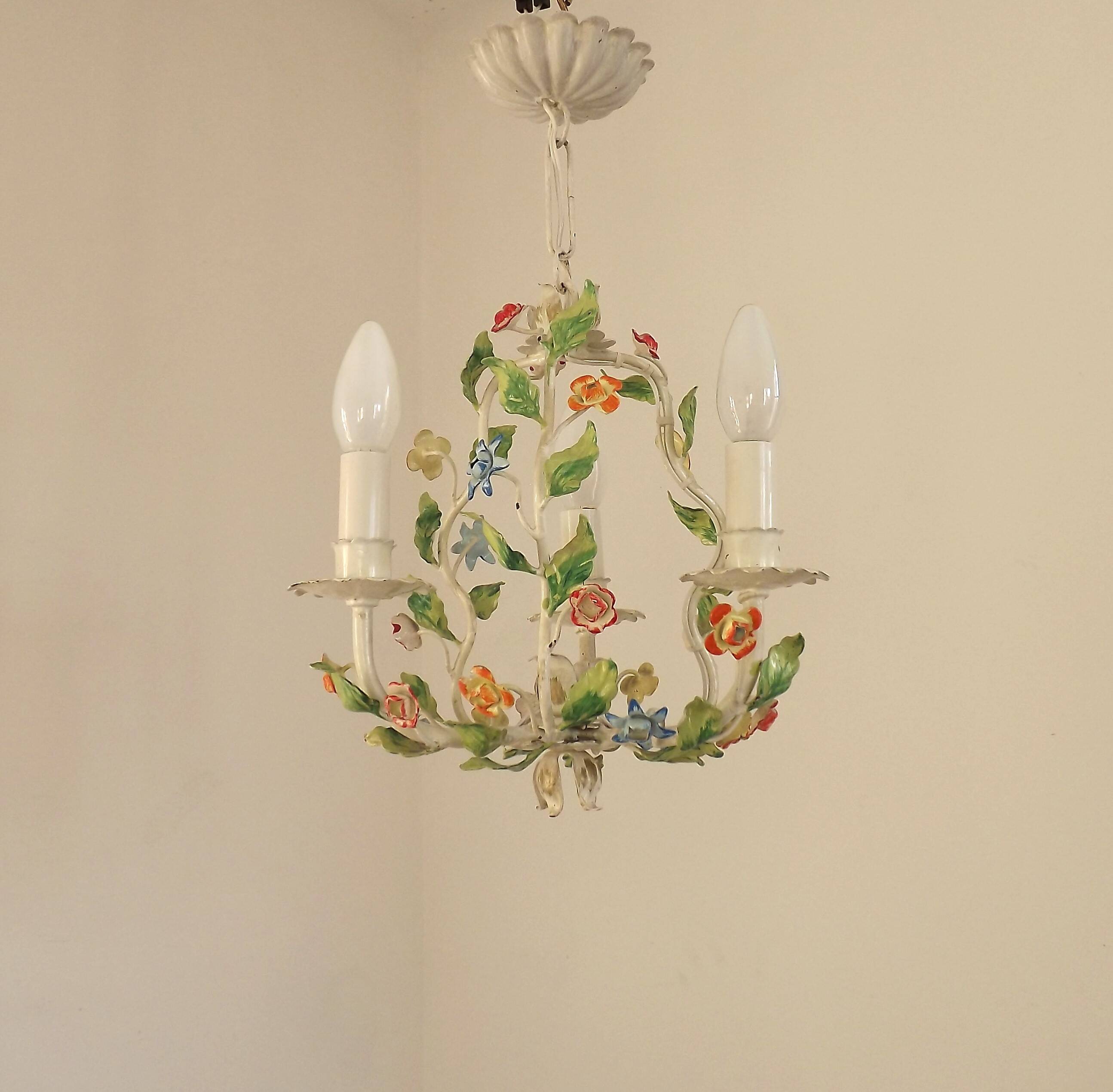 Romantic Vintage Italian Metal 3 Light Cage Chandelier Circa 1930s/40s