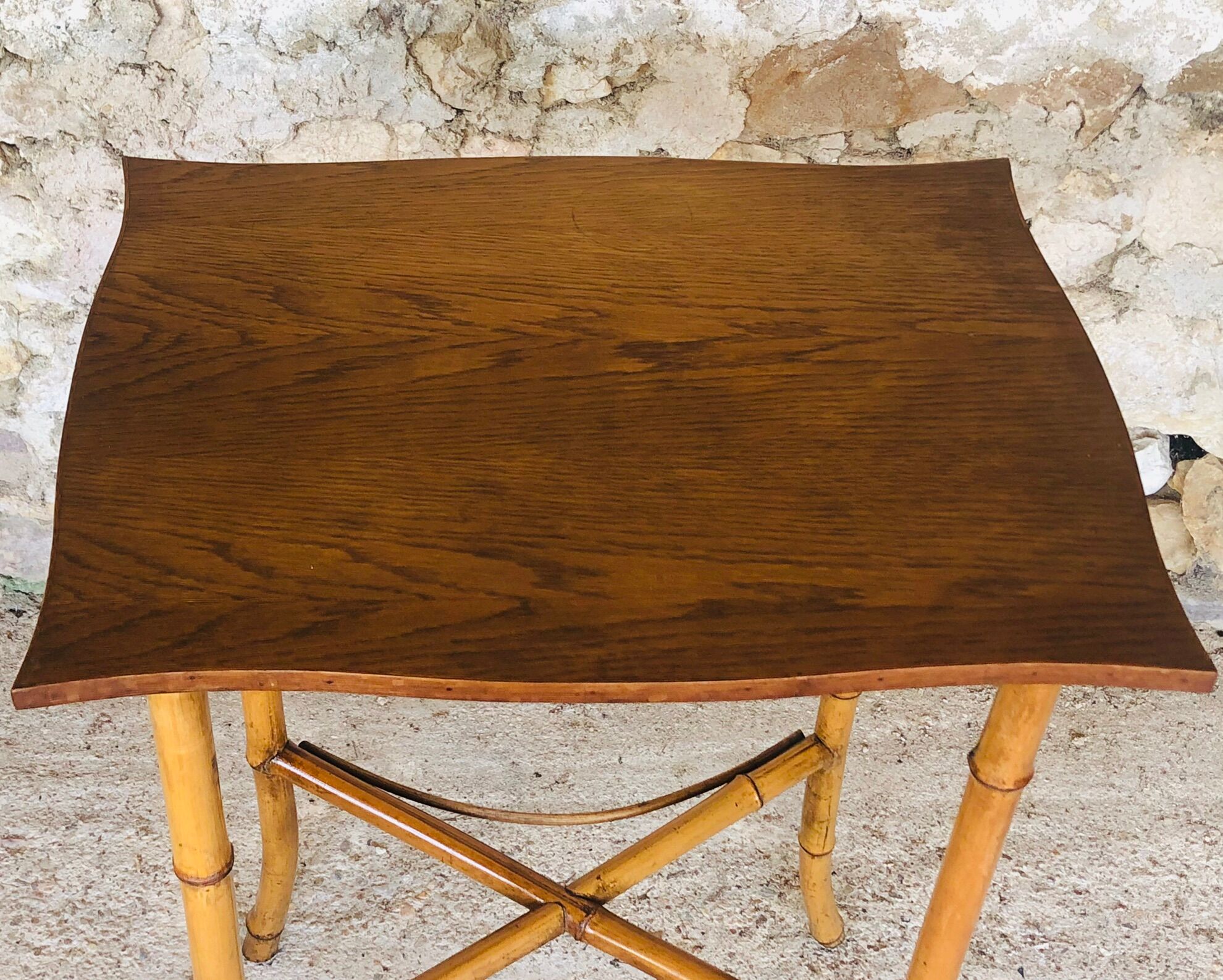 Large vintage side table in bamboo and rattan, circa 1930's