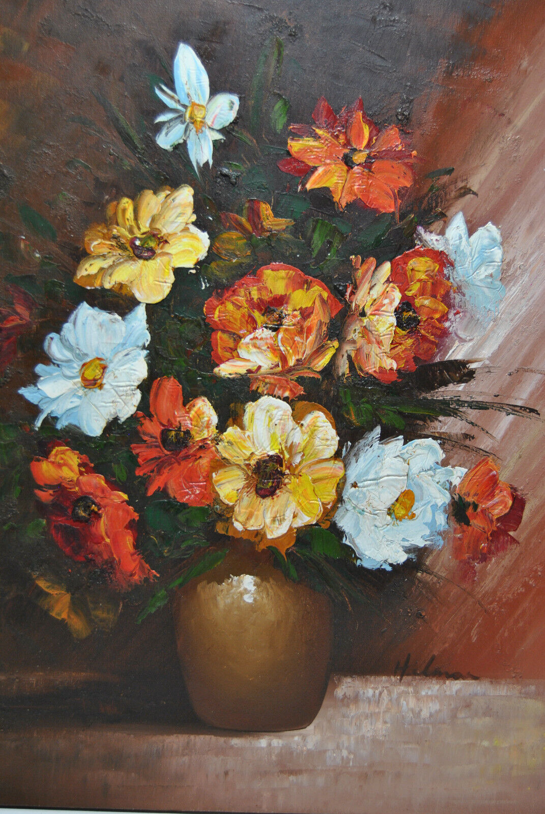 Still life painting with flowery vase bouquet flower signed Hilnan?