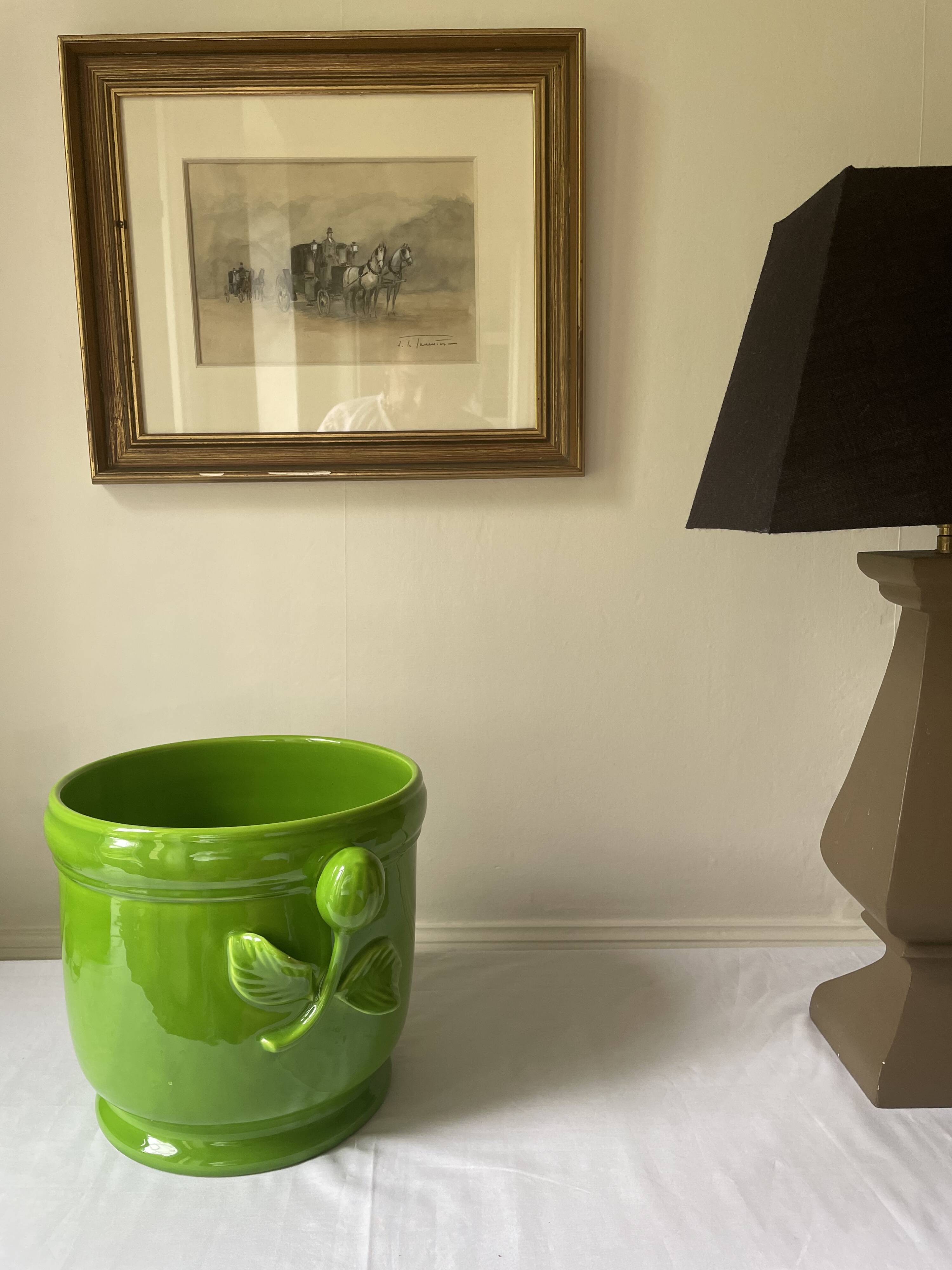 Glazed green pot cover in the style of Moreau Bourg earthenware