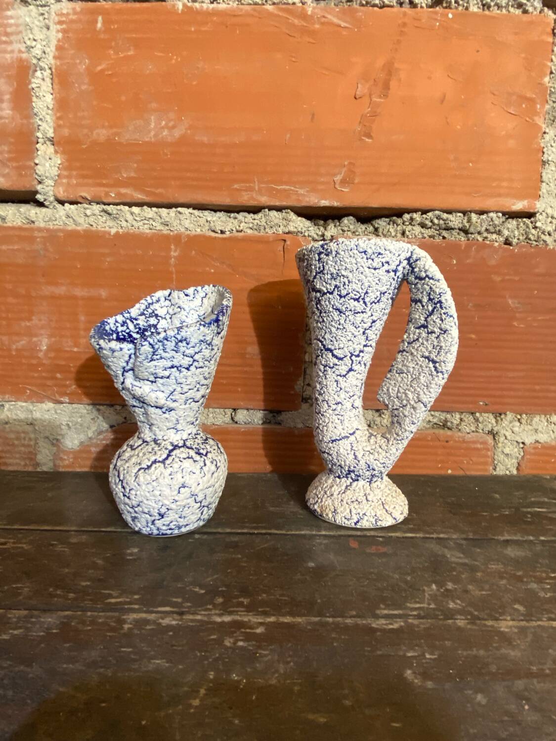 Pair of Snowstone Vases Ceramic White Blue France Vintage #D55