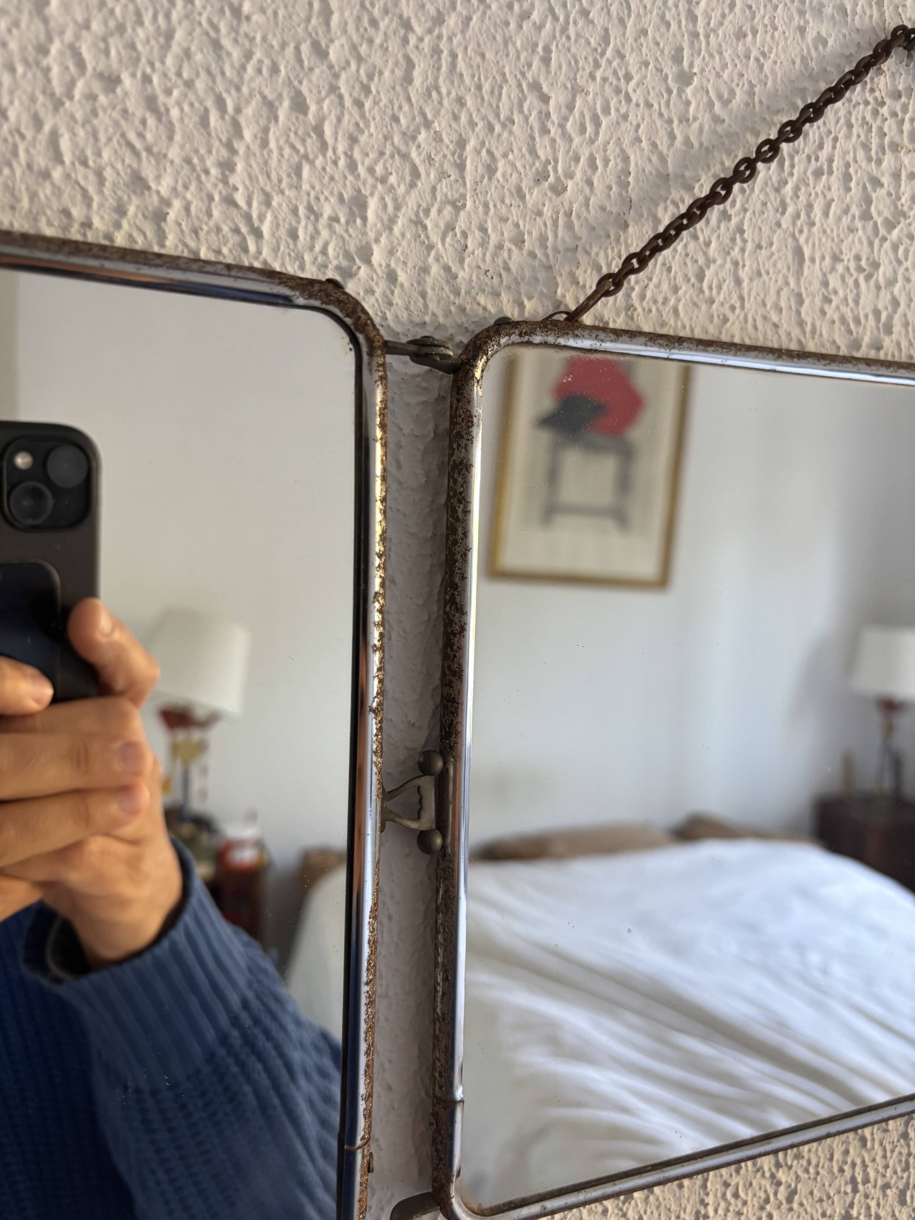 Vintage 1950s triptych barber mirror in duck blue - 22 x 86 cm