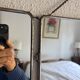 Vintage 1950s triptych barber mirror in duck blue - 22 x 86 cm