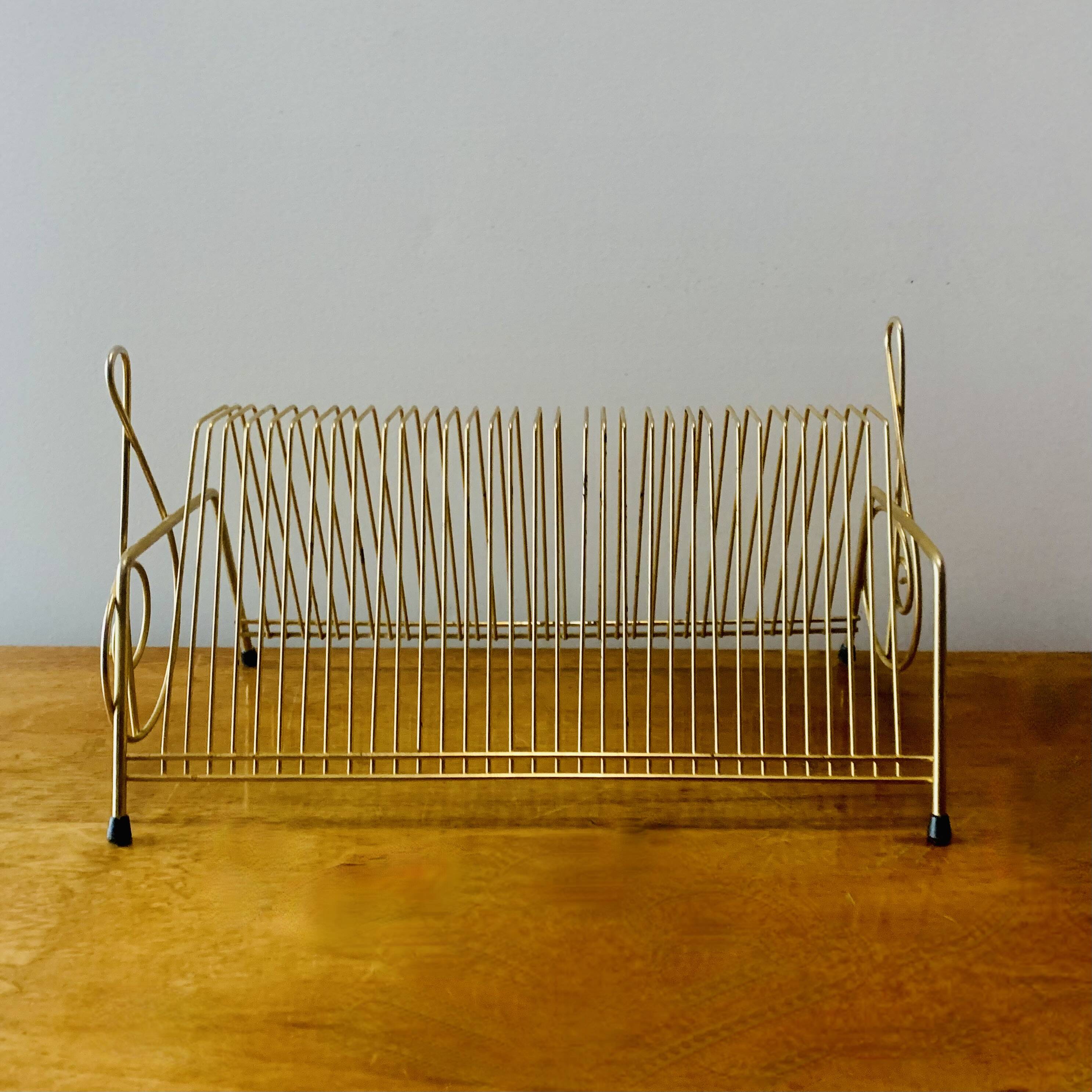 Vintage record holder in gold metal - for 50 vinyls