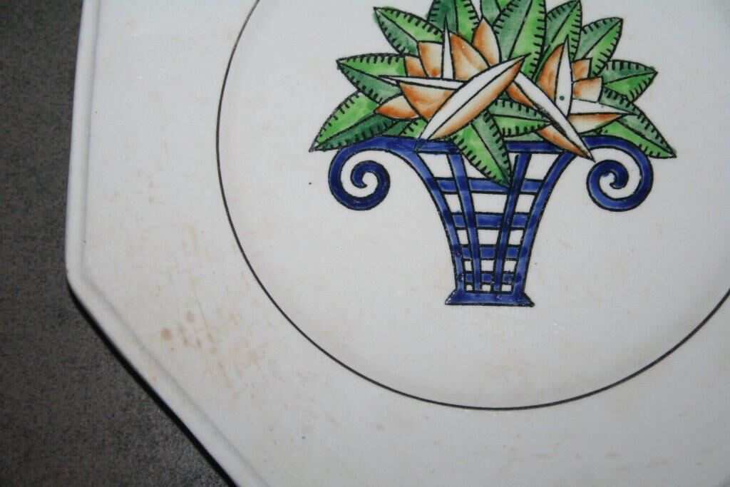 8 octagonal Longwy flowery bouquet art déco dessert plates
