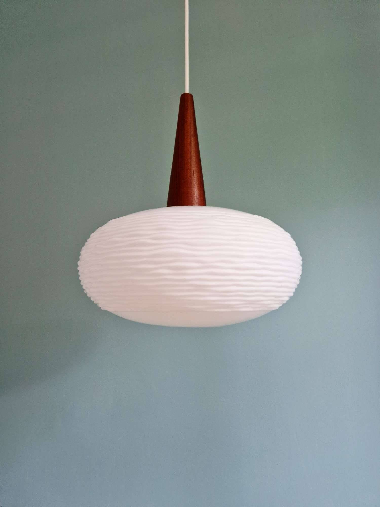 White opaline and teak pendant light, Scandinavian style, 1960s