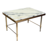 Table d’appoint vintage en métal doré et marbre blanc veiné