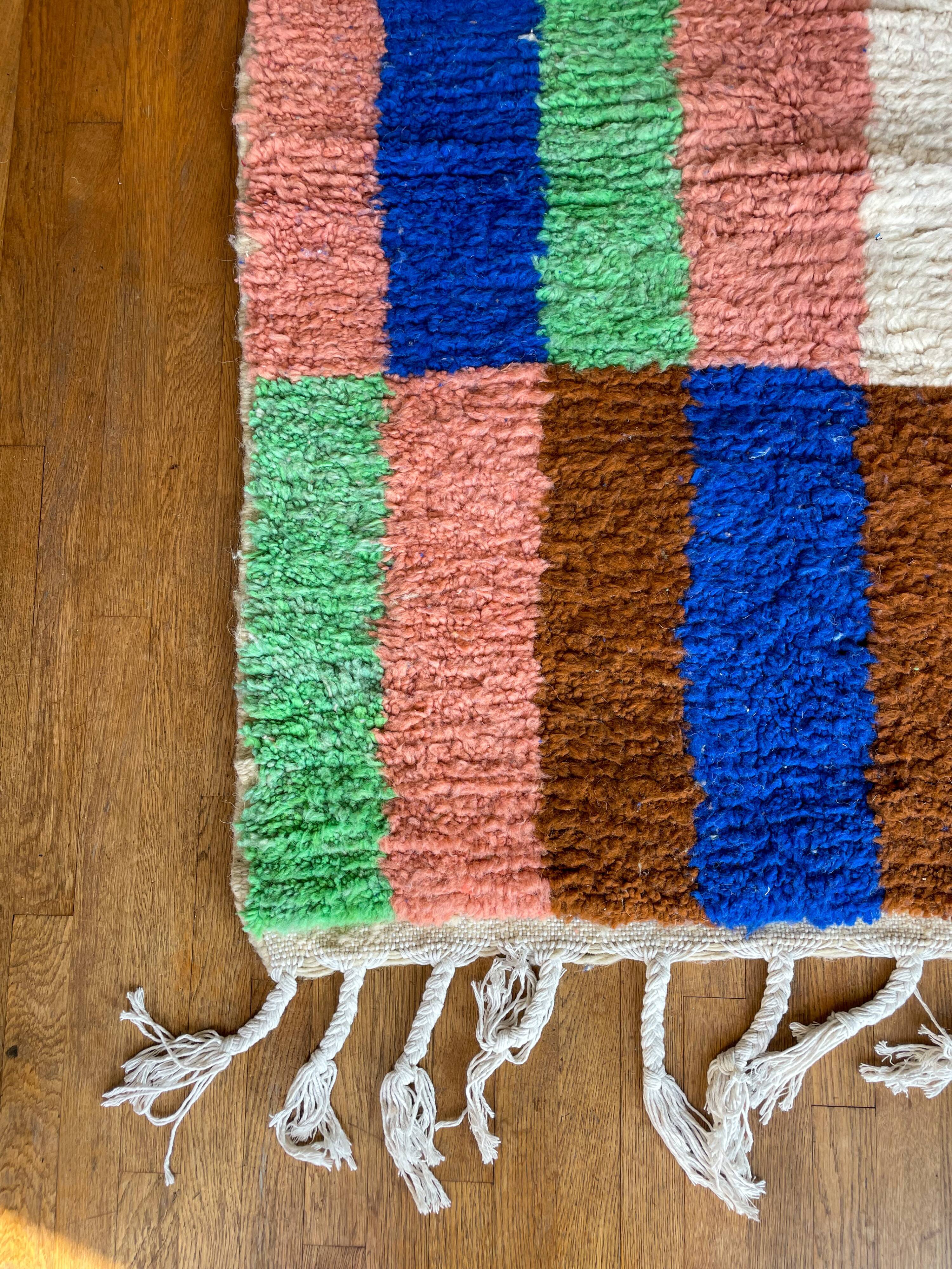 Berber carpet boujad colorful blue majorelle green brown peach