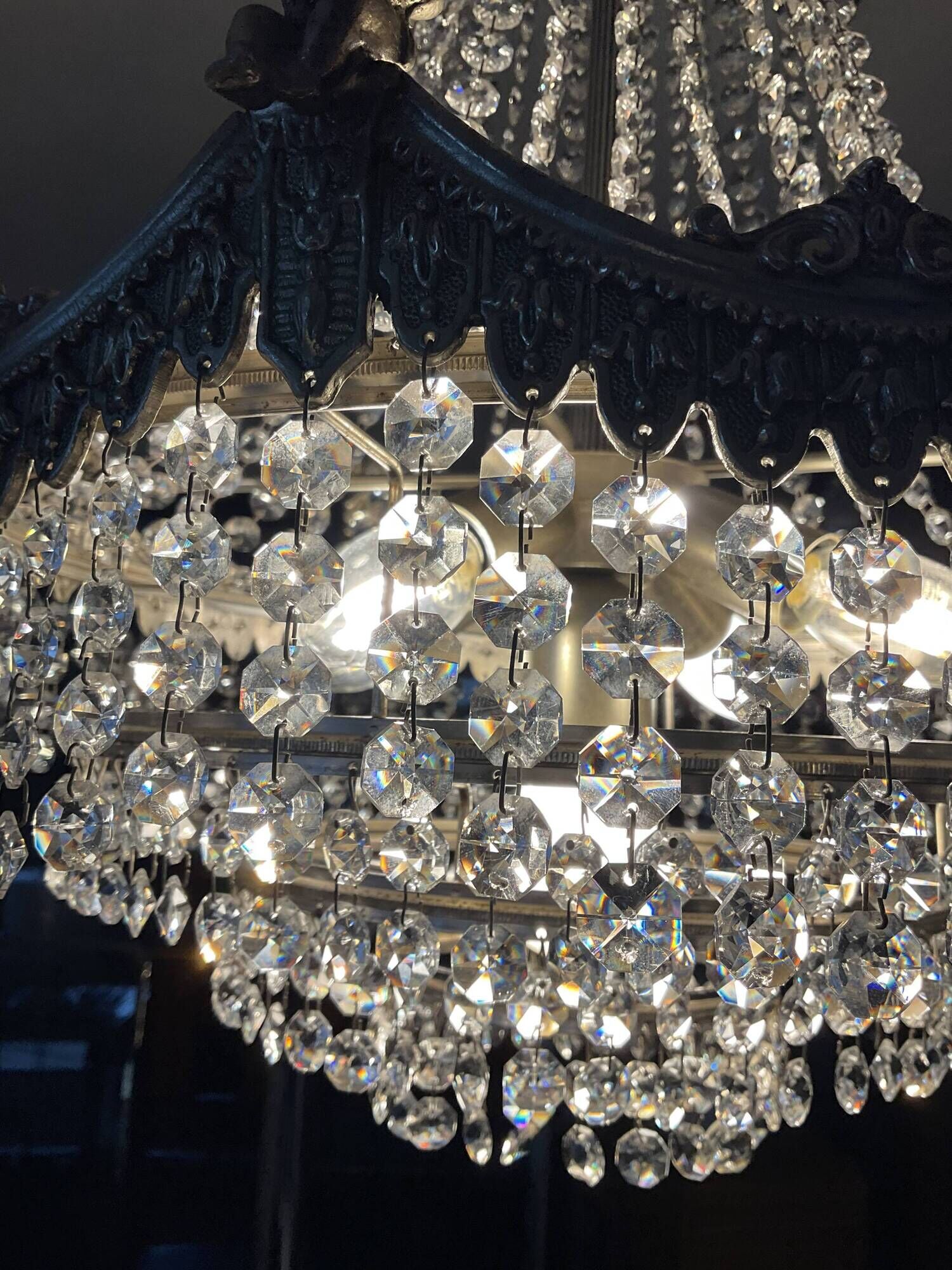 Old hot air balloon chandelier with crystal and bronze tassels