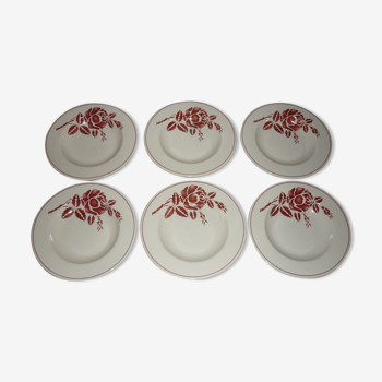 Set of 6 old hollow plates in beige and red earthenware