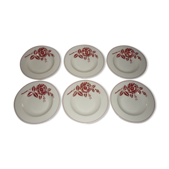 Lot de 6 assiettes creuses anciennes en faïence beige et rouge