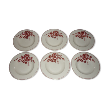 Set of 6 old hollow plates in beige and red earthenware