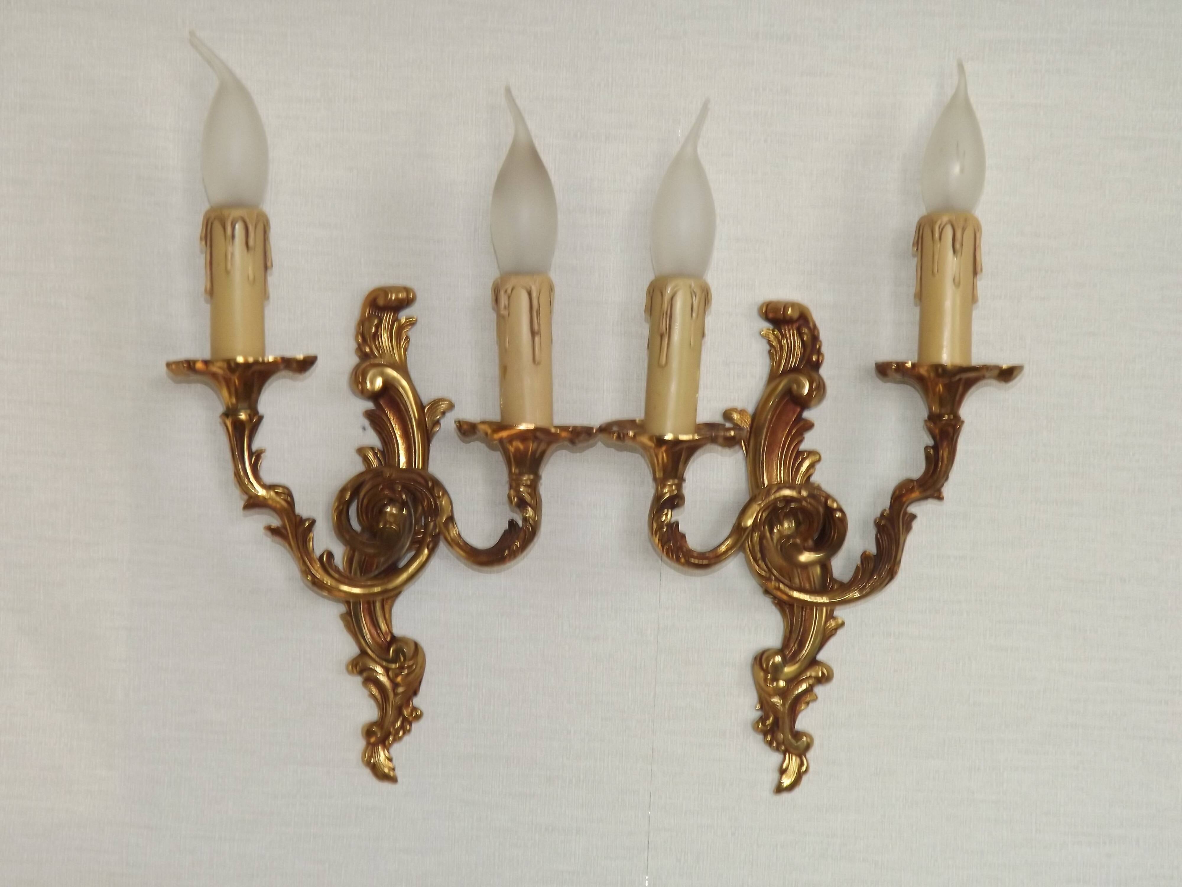Stylish Vintage French Bronze Double Wall Sconces with Acanthus Leaf Detail
