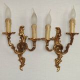 Stylish Vintage French Bronze Double Wall Sconces with Acanthus Leaf Detail