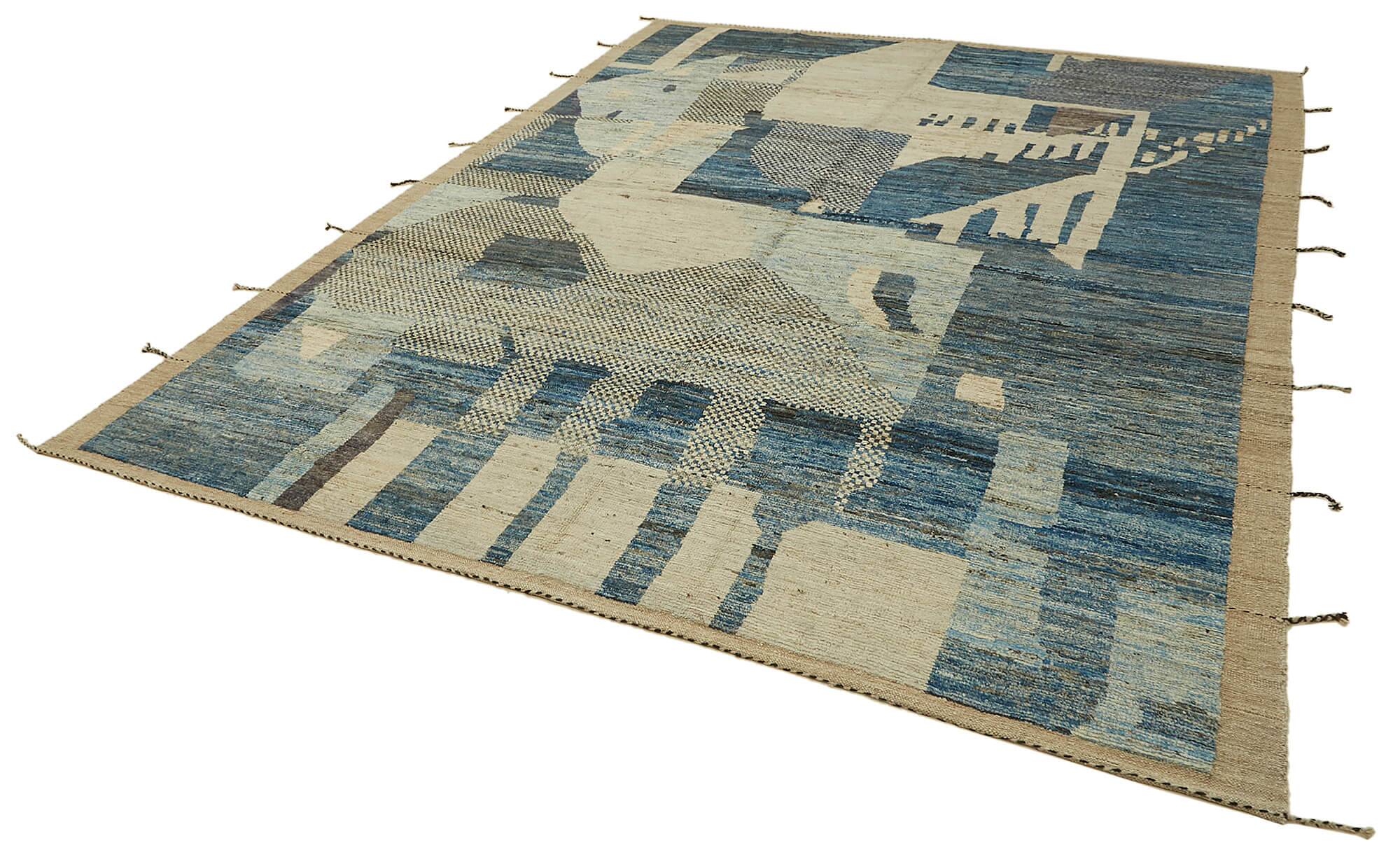 Handwoven Turkish Rustic 275 cm x 365 cm Blue Wool Carpet