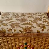 Large vintage rattan and wicker sewing basket with floral decor seat