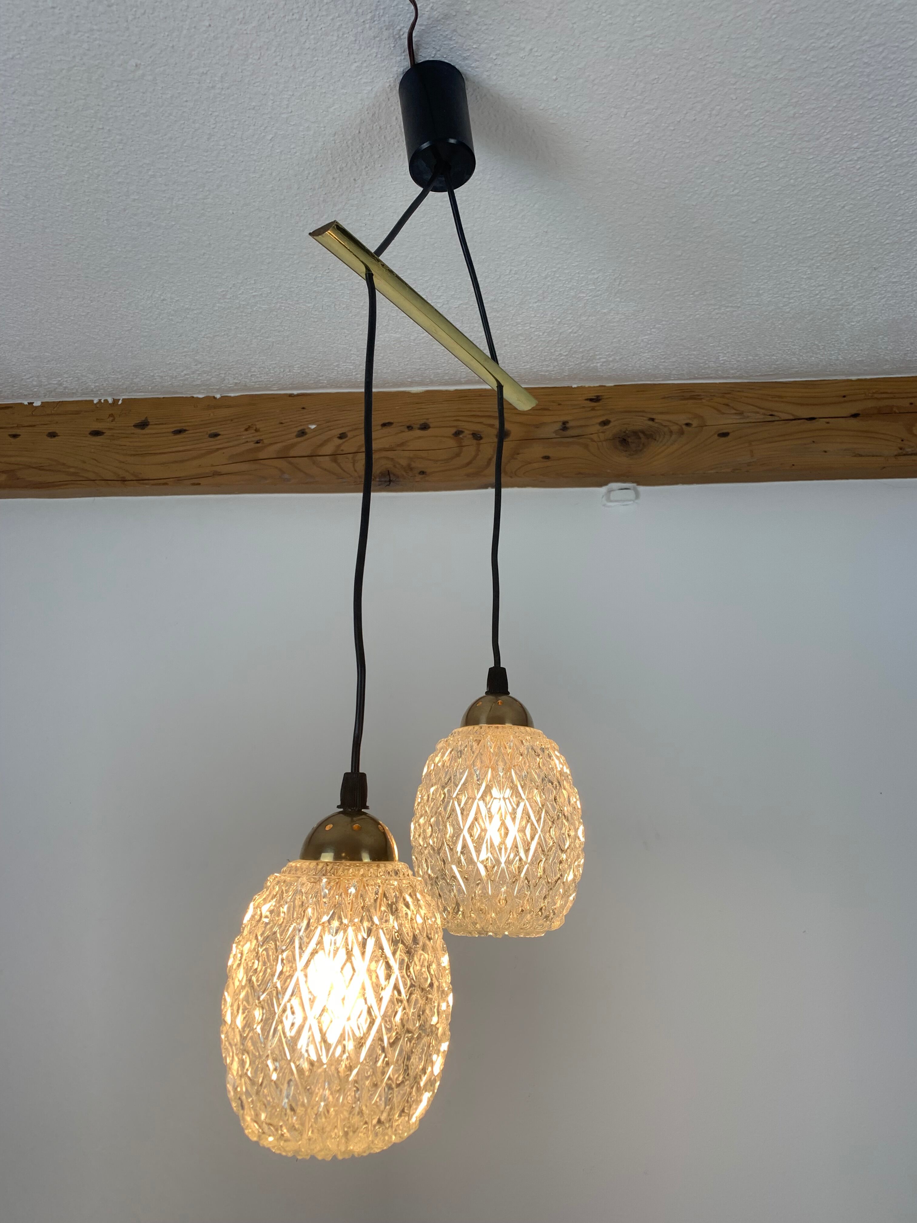 Suspension globes 2 lights, glass and brass, 50s