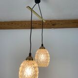Suspension globes 2 feux, verre et laiton, années 50