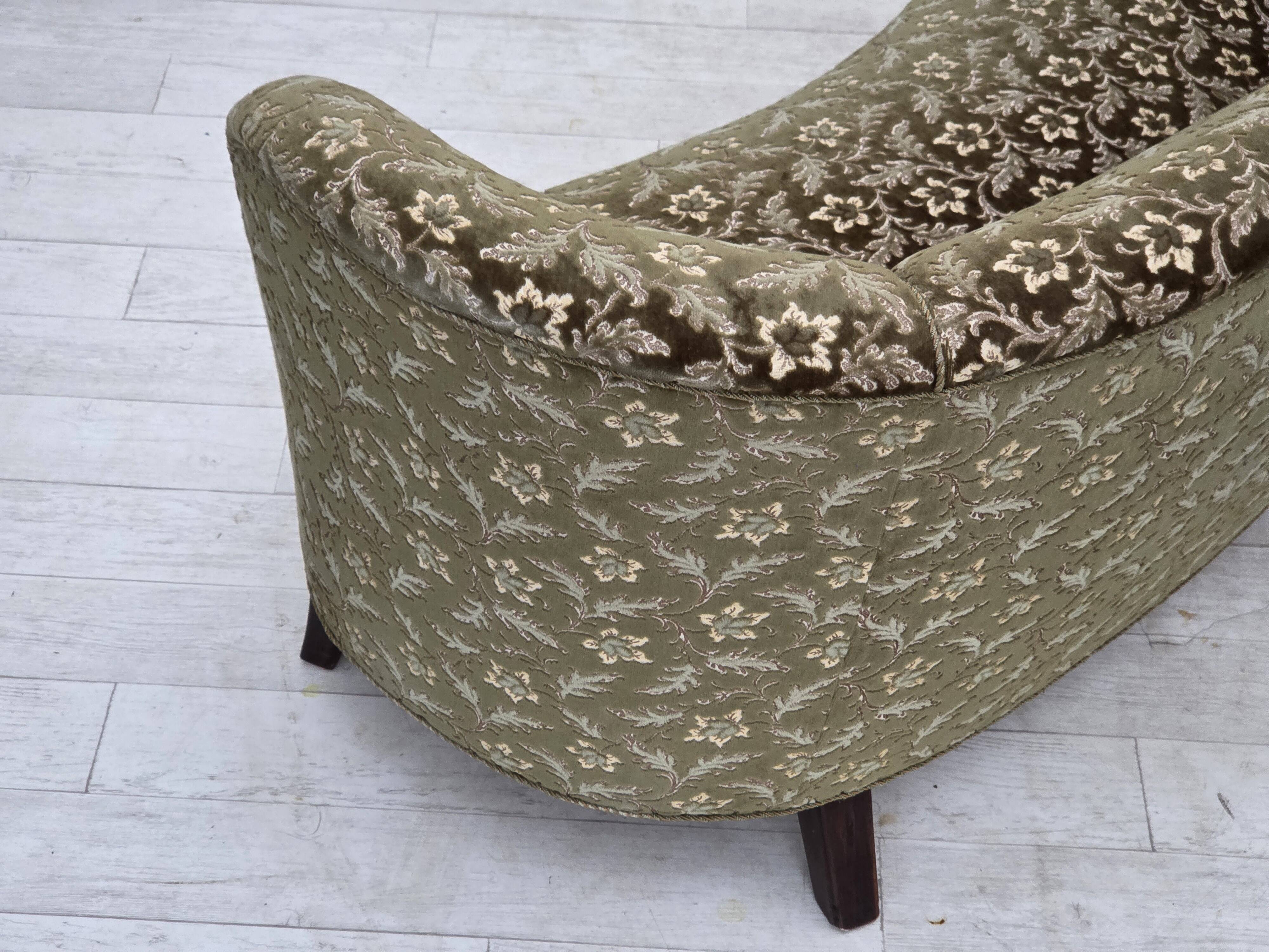 1960s, Danish curved 2-seater sofa, green furniture velour, beech wood.