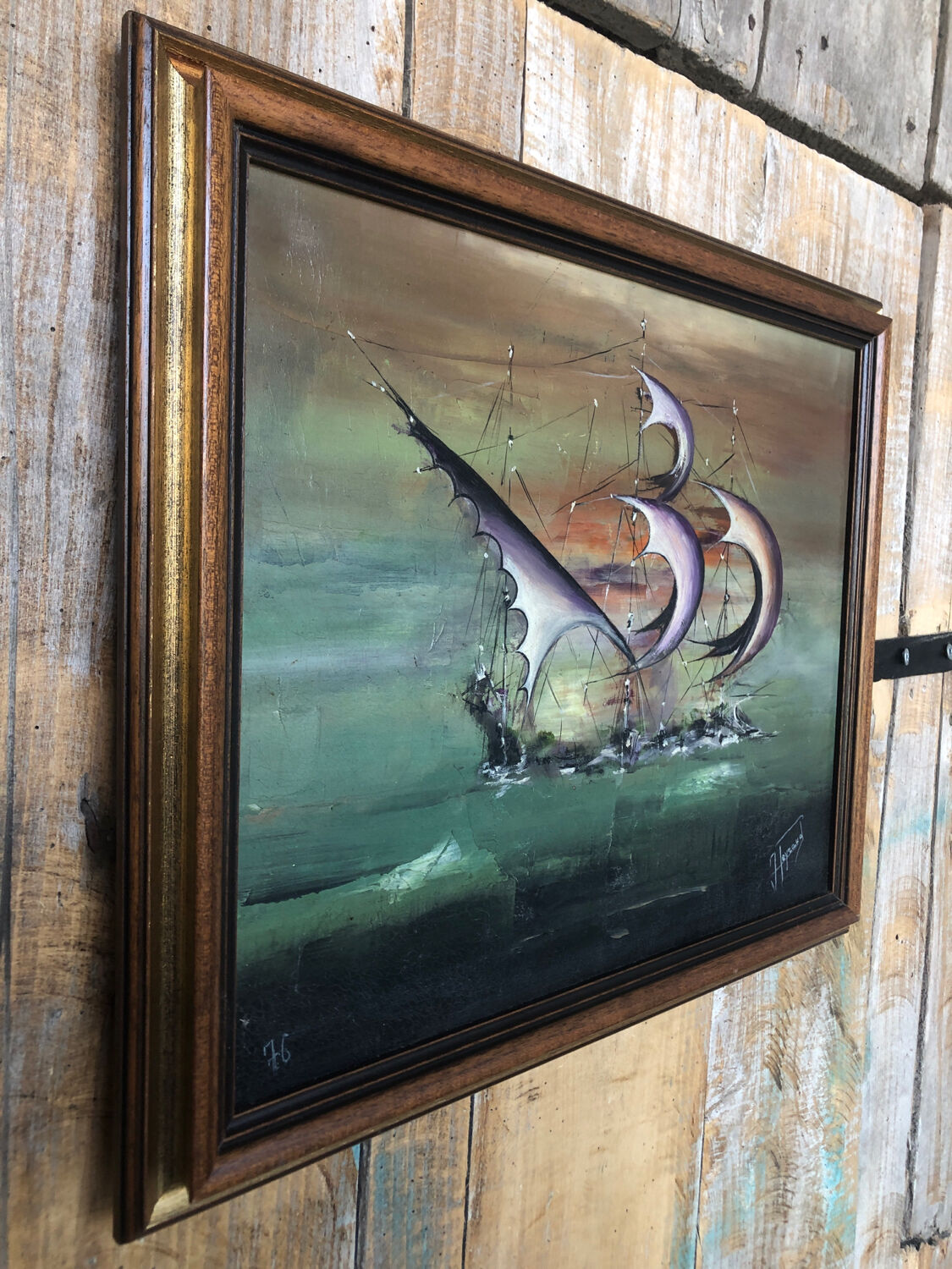 Oil painting on canvas j. peyraud view boats + wood frame #a219