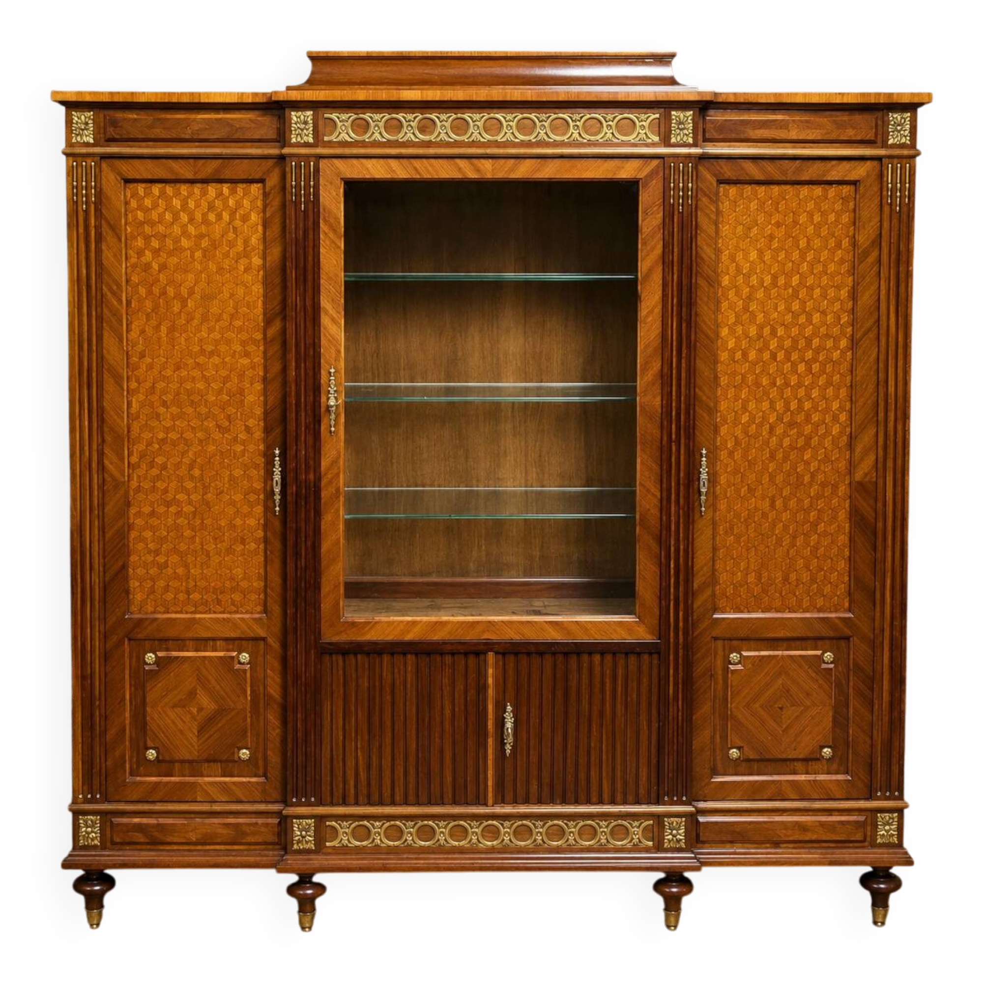 Important showcase library in fine wood and marquetry, stamped.