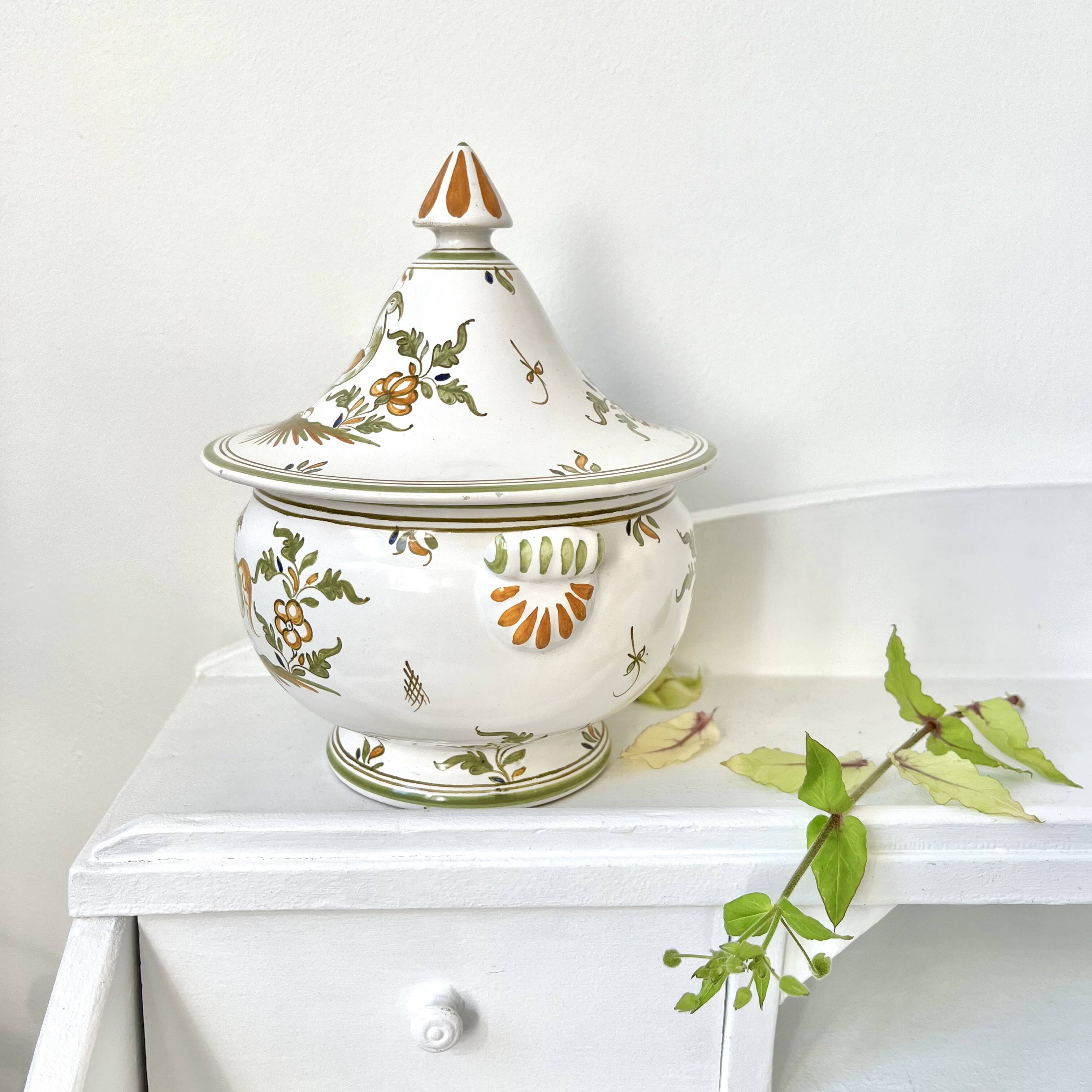 Covered candy jar signed M Malicorne, Moustiers decor