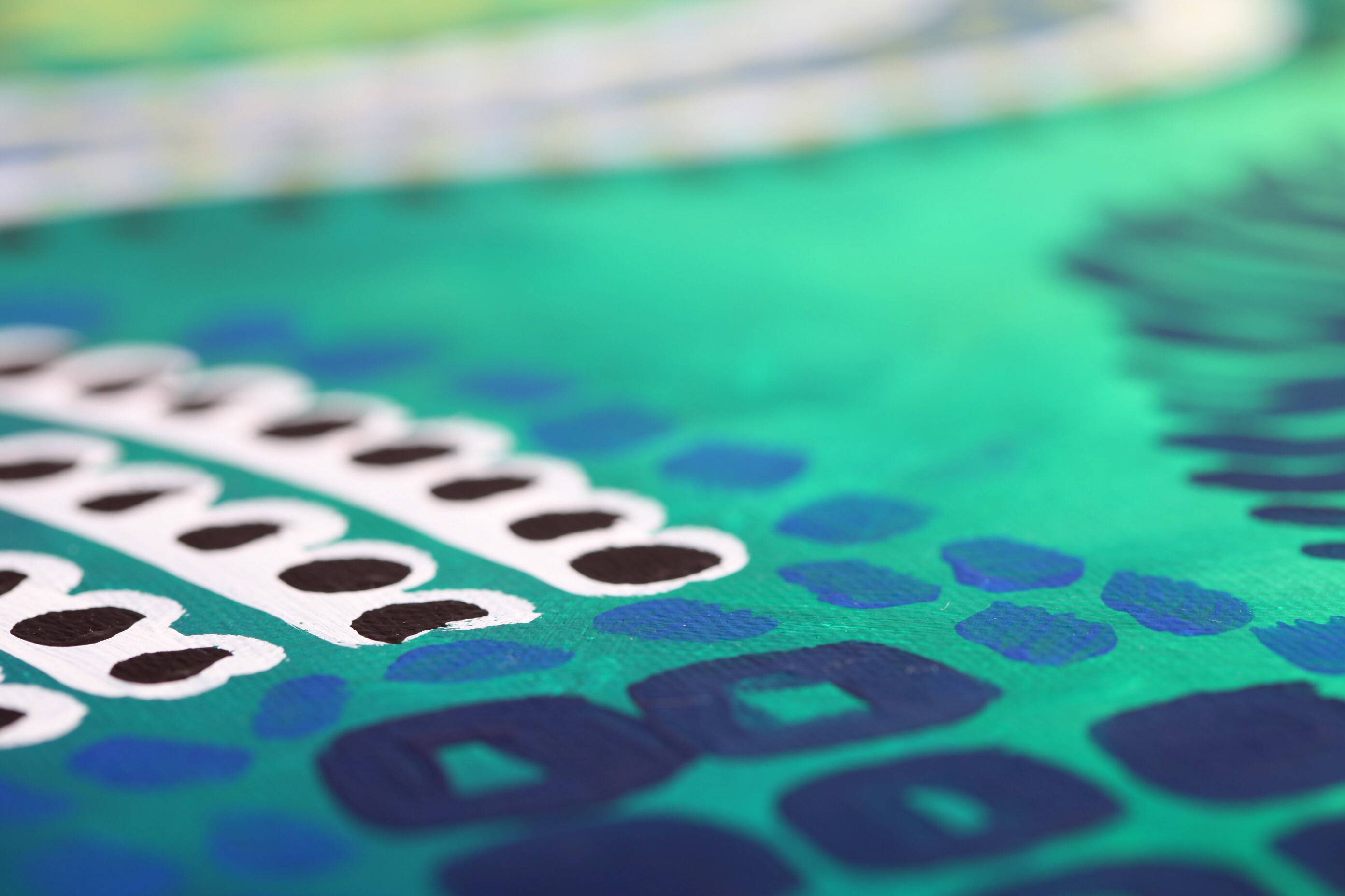 Modern abstract green, yellow, blue and white mixed media painting