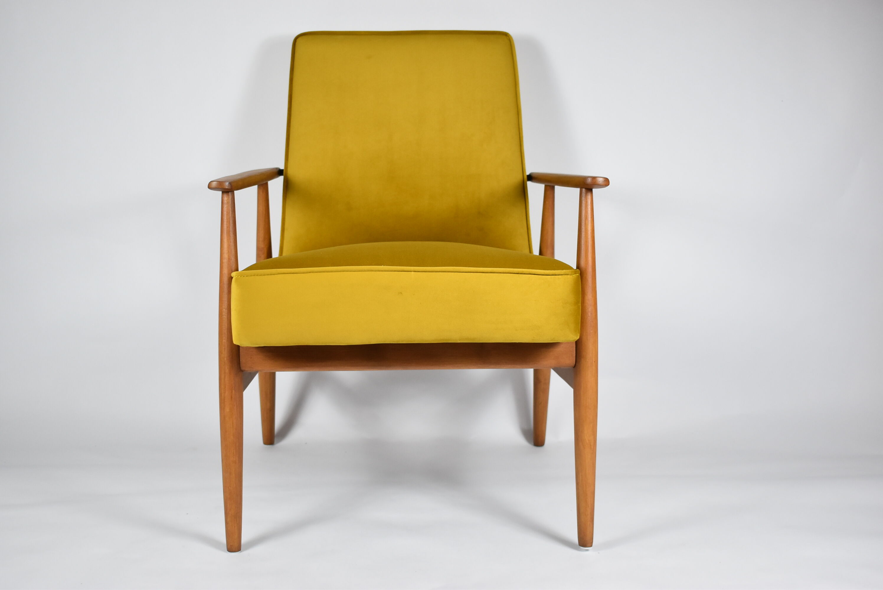 Polish vintage armchair "Fox" designed by H. Lis, fully renovated, 60s, yellow velvet-golden autumn