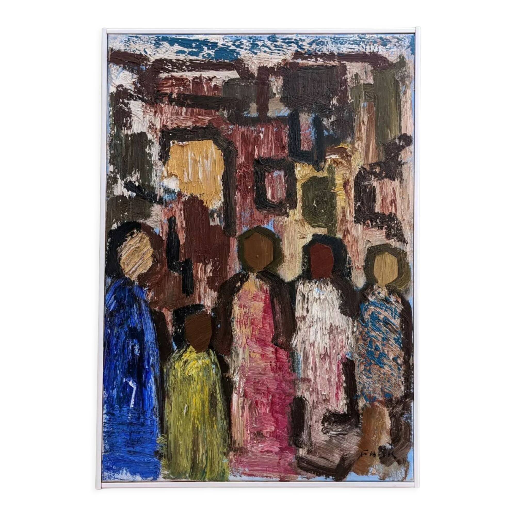 Mid-Century Modern "Meet" Vintage Swedish Figurative Oil Painting, Framed