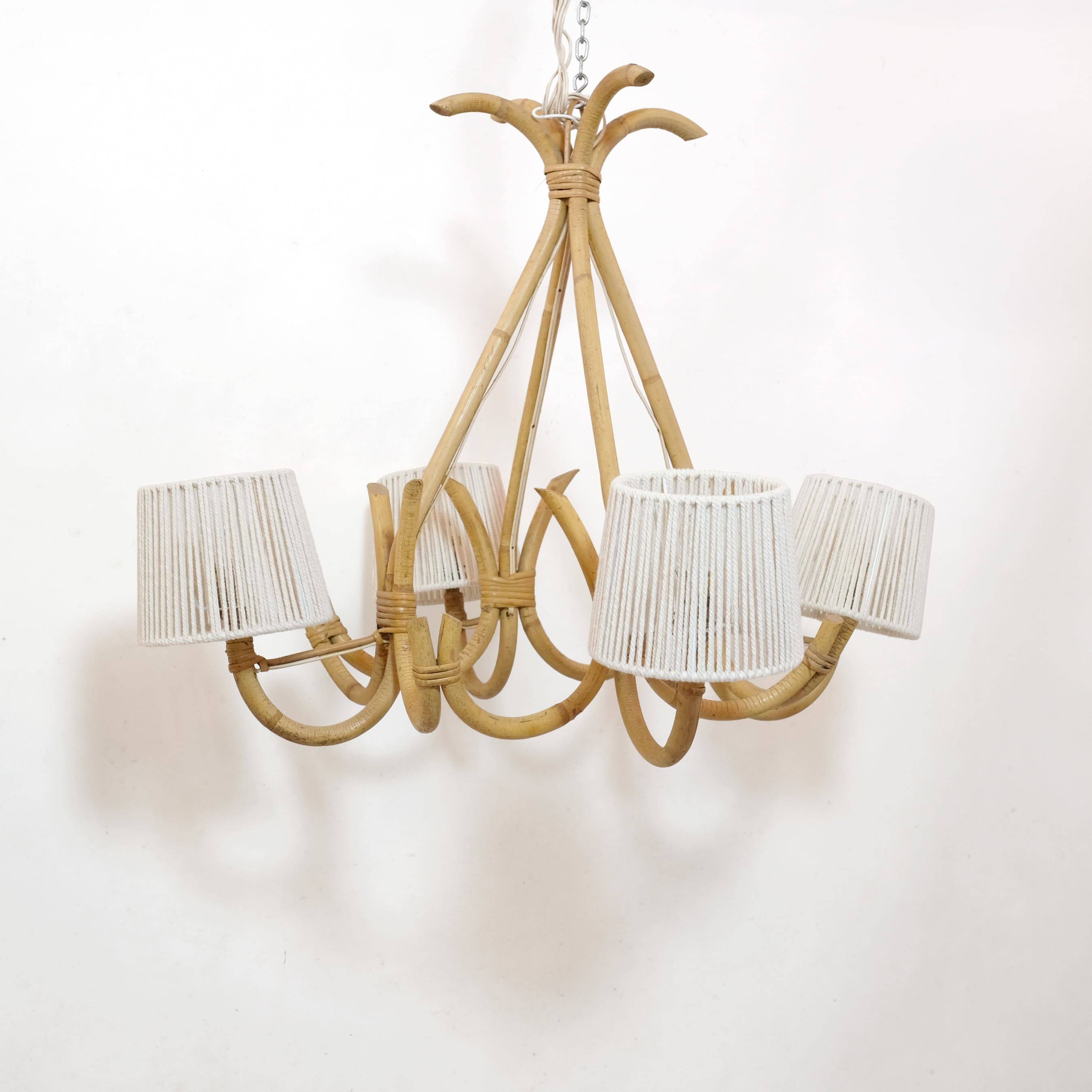 4-light rattan and rope pendant light, 1960-1970.