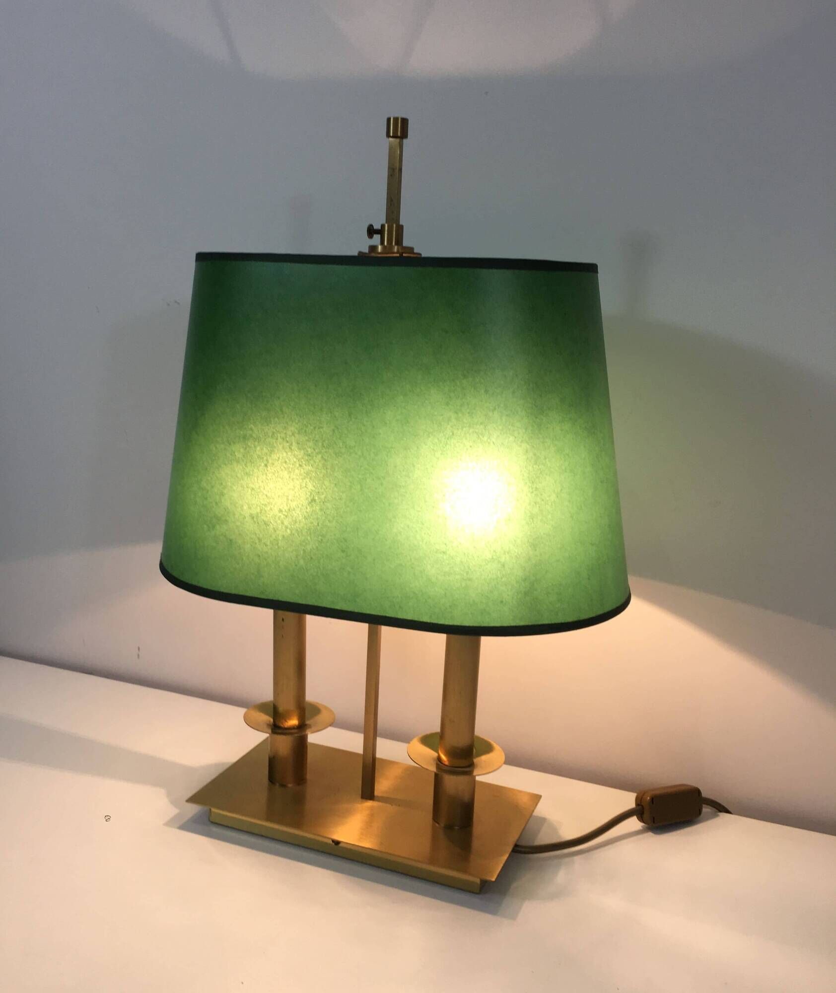 Pair of Two-Light Table Lamps in Brass with Green Shades. Work F