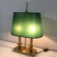 Pair of Two-Light Table Lamps in Brass with Green Shades. Work F