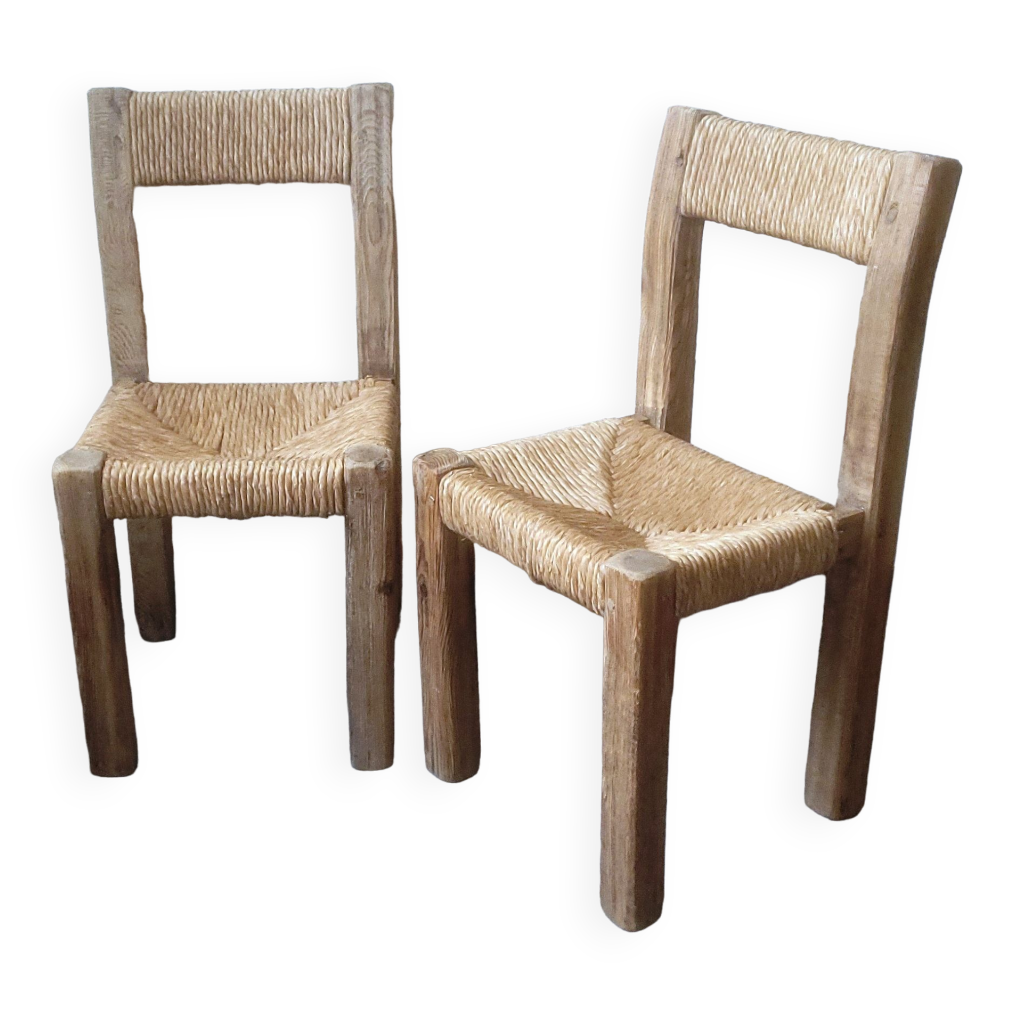 Pair of brutalist chairs in wood and straw