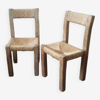 Paire de chaises brutaliste en bois et paille